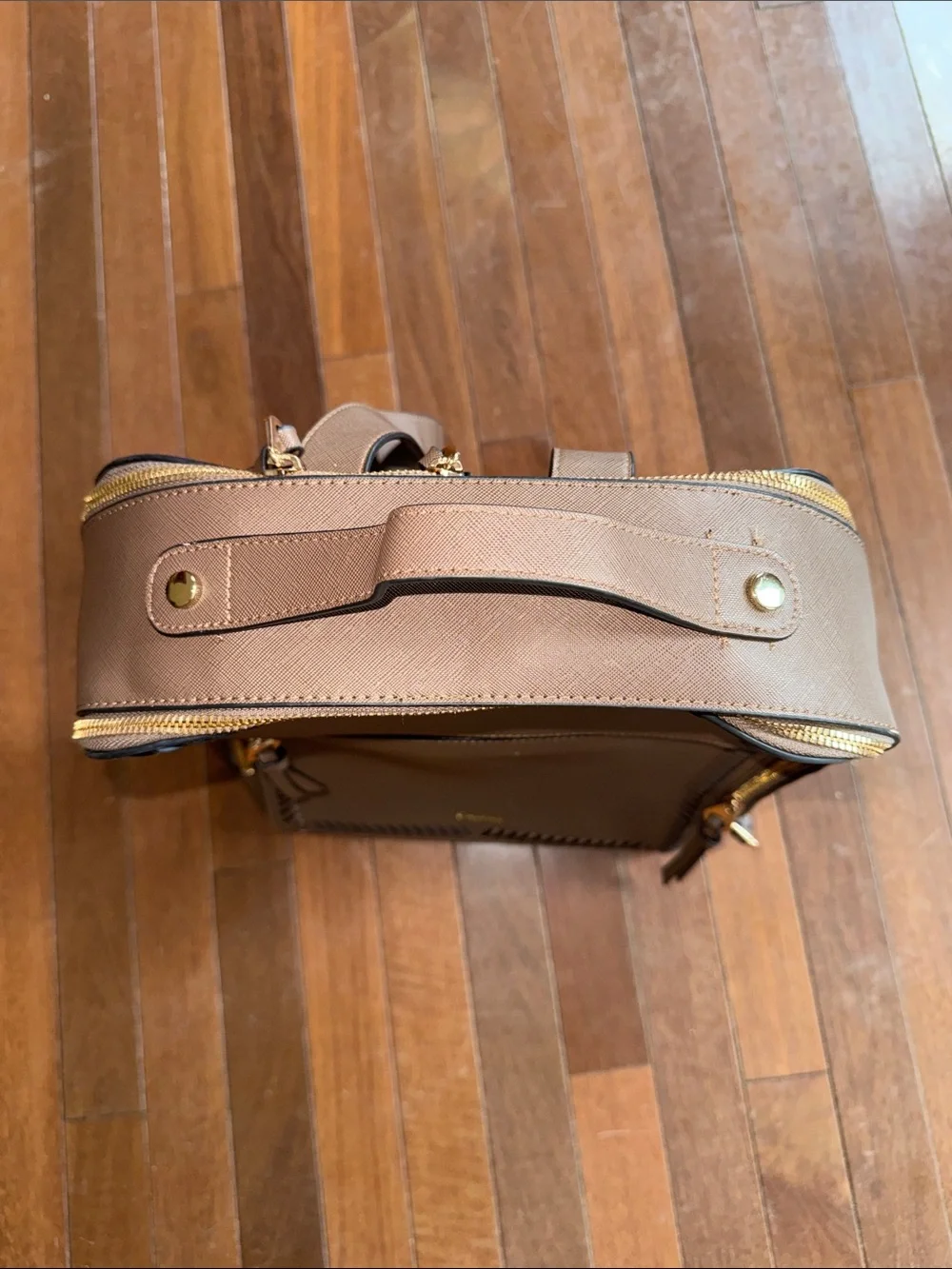 Calpak Brown Leather Backpack with Whipstitch Trim and Gold Hardware
